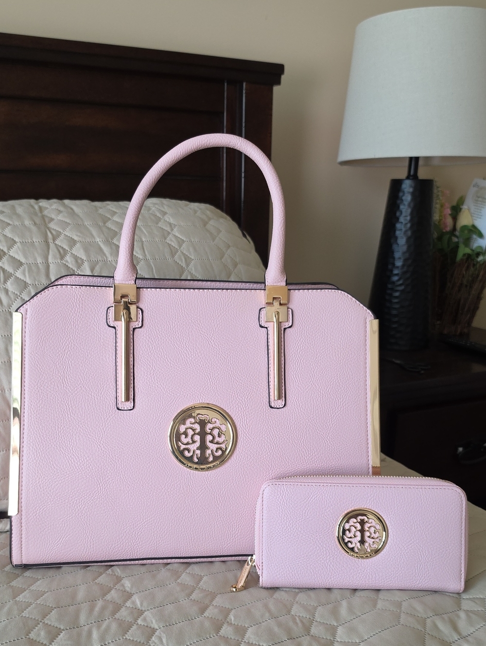 Women’s Pink Structured Satchel Handbag and Wallet Set